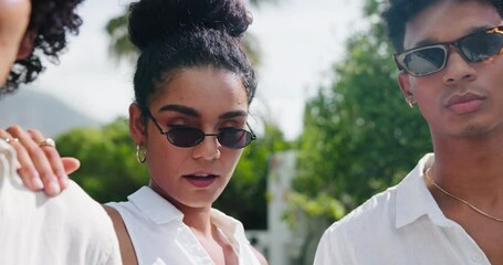 Cool, friends and portrait in summer with fashion or style outdoor in garden or backyard. Park, woods and people with confidence and pride in trendy clothes, sunglasses and attitude on vacation