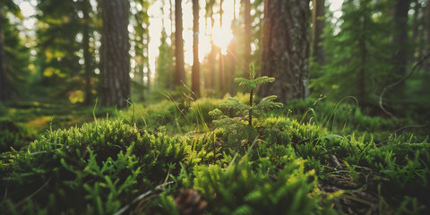 Floresta exuberante com luz solar filtrando pelos galhos - obrazy, fototapety, plakaty