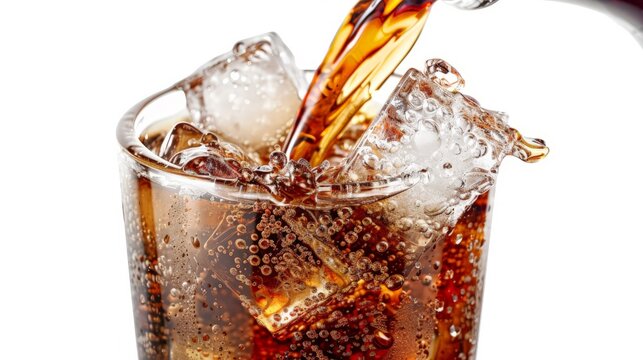 Photo of Cola being poured into a glass with ice cubes in, isolated on a white background.