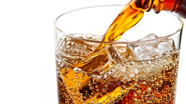 Photo of Cola being poured into a glass with ice cubes in, isolated on a white background.