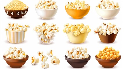 Realistic salted and sweet popcorn grains and fluffy pieces