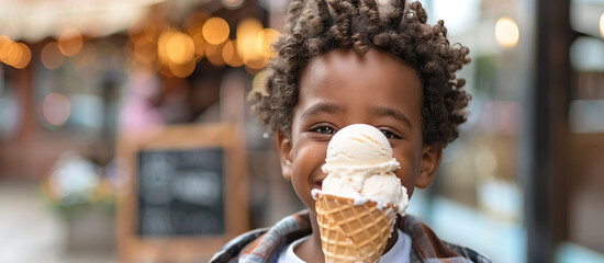 African American boy with soft serve ice cream - obrazy, fototapety, plakaty