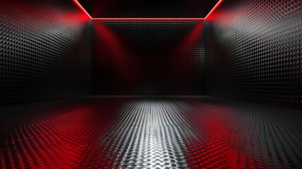 Studio interior with carbon fiber texture. Modern carbon fiber textured red black interior with light. Background for mounting, product placement