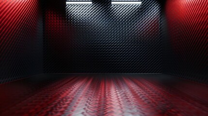 Studio interior with carbon fiber texture. Modern carbon fiber textured red black interior with light. Background for mounting, product placement - obrazy, fototapety, plakaty