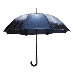 A black umbrella glistens in the rain, providing shelter on a wet day. Transparent png, add your own background.