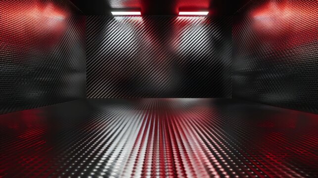 Studio interior with carbon fiber texture. Modern carbon fiber textured red black interior with light. Background for mounting, product placement