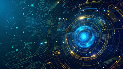 Obraz premium Wide Hi-tech digital technology concept. Illustration high computer technology on blue background. Abstract futuristic design