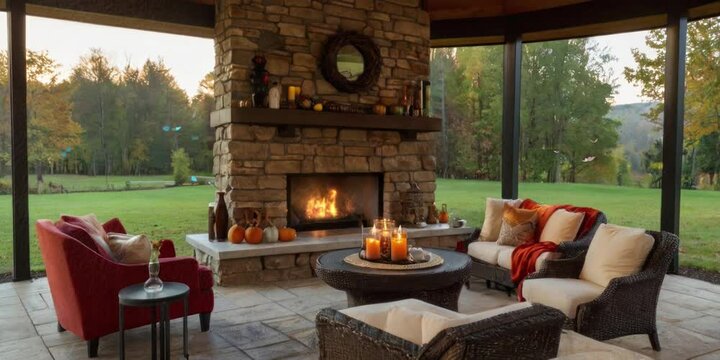Cozy autumn patio setting with a warm fire place