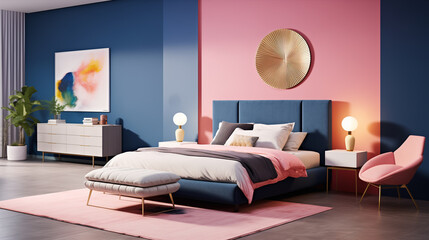Modern Bedroom with Contrast Pink and Blue Walls, Artistic Decor, and Trendy Furniture