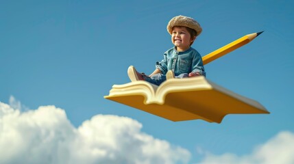 boy student fly with book, back to school educational learning concept
