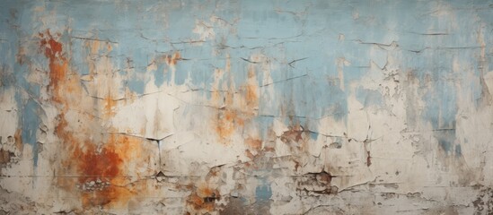 A detailed shot of a weathered building facade showing peeling paint and rust, creating an urban art landscape against a cloudy sky - obrazy, fototapety, plakaty
