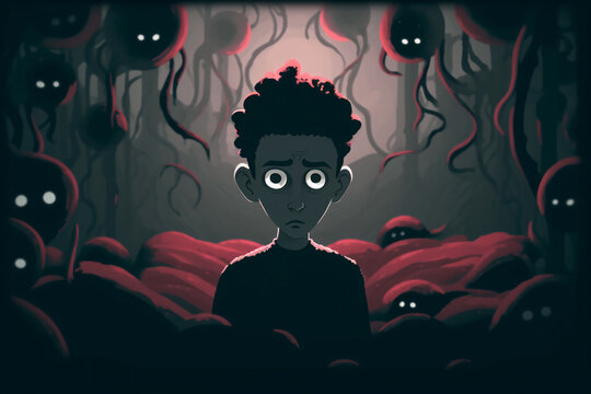 A cartoon of a boy surrounded by manifestations of fear