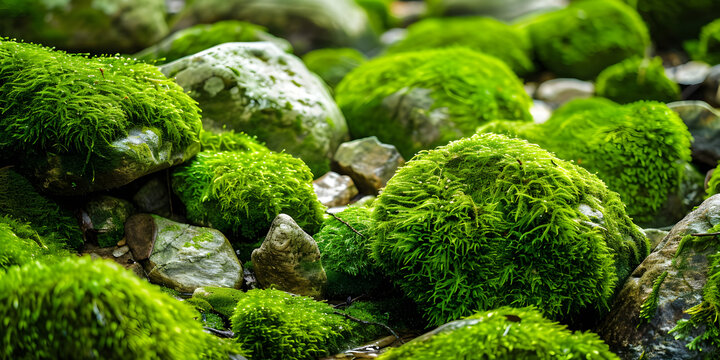 Rochas cobertas por musgo verde exuberante