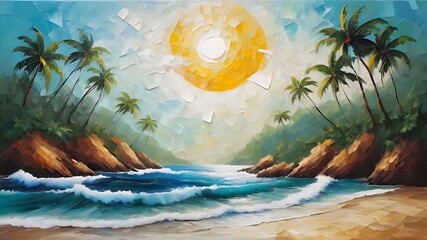 Oil painting of tropical beach with palm trees. - obrazy, fototapety, plakaty