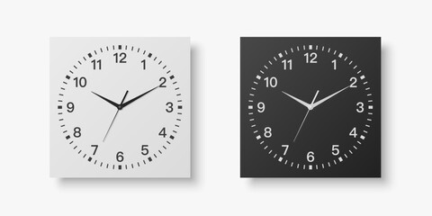 Vector 3d Realistic White, Black Square Wall Office Clock Set, Design Template Isolated On White. Dial With Roman Numerals. Mock-Up Of Wall Clock For Branding And Advertise Isolated. Clock Face Design