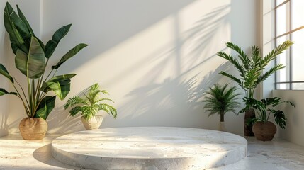 Sunny interior with potted plants and a round table casting soft shadows on a white wall.