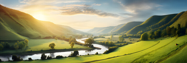 Golden Afternoon: A Serene Panorama of Lush Pastures, Rolling Hills, A Slow River and Velvet Skies - obrazy, fototapety, plakaty
