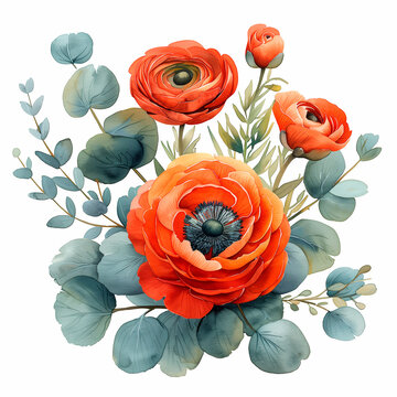 recommend clip art: Watercolor bouquet of ranunculus flowers. Flat lay, floral wedding.