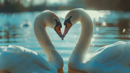 Schilderijen op glas two swans make heart shape love on lake © MAXXIMA Graphica