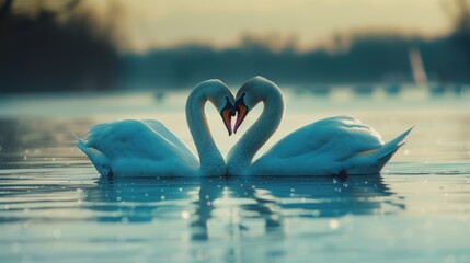 two swans make heart shape love on lake