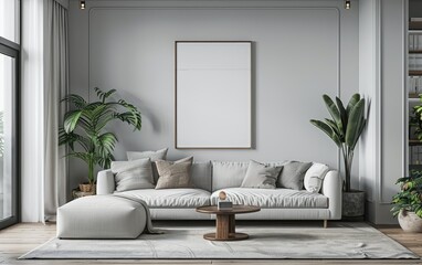 Modern living room interior with sofa and blank poster frame, natural light, minimalist design.