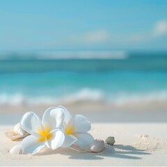 Obraz na płótnie Canvas Beach with frangipani flowers and seashells on the sand