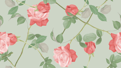 Floral seamless pattern, pink and red roses on green background - 760236528