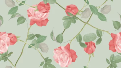 Foto auf Acrylglas Floral seamless pattern, pink and red roses on green background © momosama