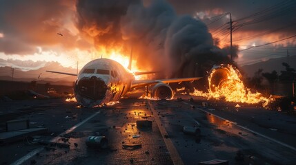 burning passenger plane by accident  - obrazy, fototapety, plakaty