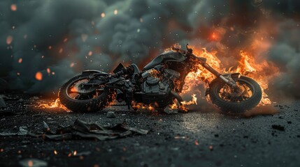 burning motorbike on street by accident