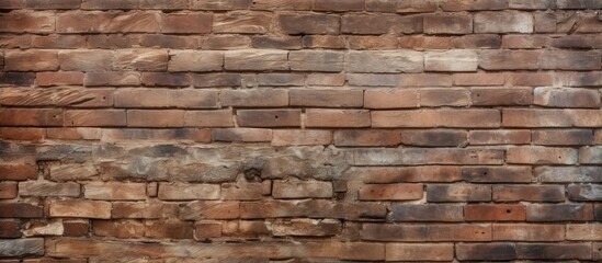 Obraz premium A detailed close up shot of a brown brick wall showcasing the intricate pattern created by rectangular bricks, a common building material