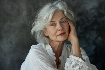 a woman with white hair and a white shirt