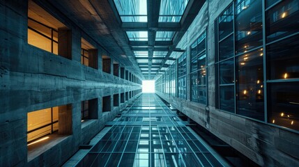 Fototapeta premium Modern office building interior with glass walls, symmetrical structure, and blue lighting.