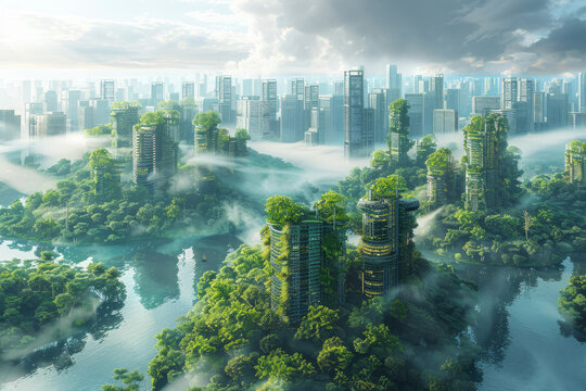 Eco-architecture, futuristic city landscape with a lot of trees