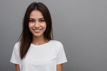 Young Brazilian woman in a white shirt, smiling and looking at the camera, standing on a grey background with copy space.