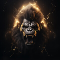 Head of King Kong with the flashlight on dark background, Illustration