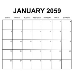 january 2059. monthly calendar design. week starts on sunday. printable, simple, and clean vector design isolated on white background. - obrazy, fototapety, plakaty