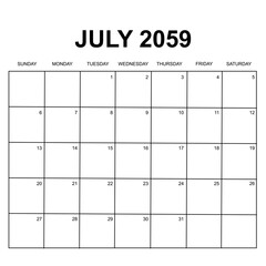 july 2059. monthly calendar design. week starts on sunday. printable, simple, and clean vector design isolated on white background.