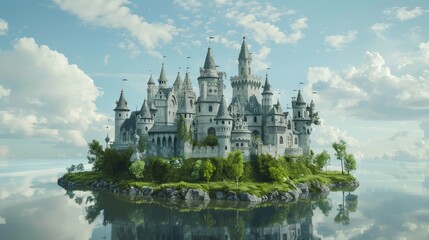 Fototapeta na wymiar floating castle or palace on island on sky, amazing building for wallpaper 