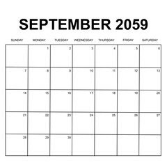 september 2059. monthly calendar design. week starts on sunday. printable, simple, and clean vector design isolated on white background.