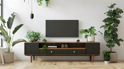 Interior mock up living room. cabinet for TV or place object in modern living room with lamp,table,flower and plant