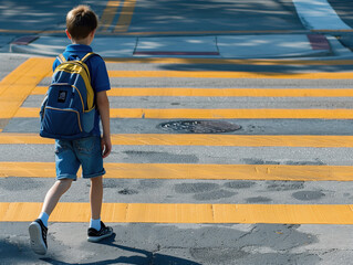 A boy in denim shorts crosses the street at a crosswalk on his way to school.