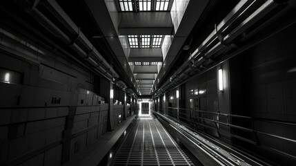 Monochrome industrial corridor with symmetrical lines and metal structures, leading to a bright exit.