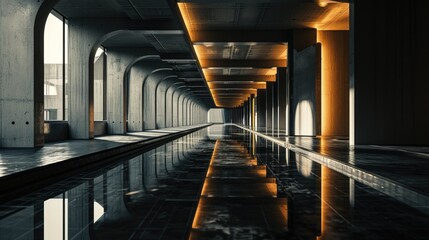 Obraz premium Modern architecture interior with symmetrical columns and reflective floor, illuminated by natural light.