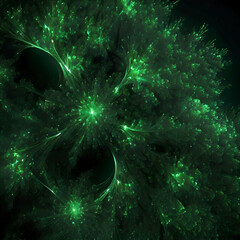 Abstract Digital art green sparkles on black background. Fantasy fractal texture.