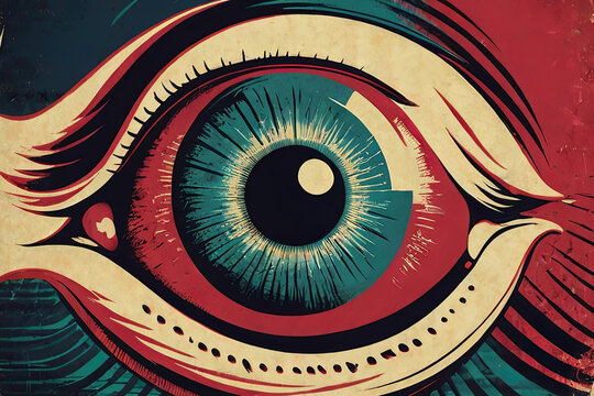 Graphic style eye in retro vintage poster design. Risograph and etching style grain. Unique and artistic imagery.