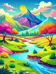 Fototapeta na wymiar Watercolors vector landscape background with a peaceful lake and mountains in the distance.