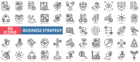 Business strategy icon collection set. Containing business, plan, market, goal, action, competition, product icon. Simple line vector