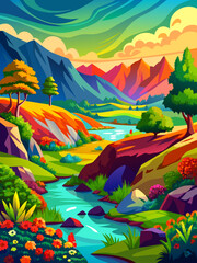 Watercolor vector landscape background featuring a picturesque countryside scene with rolling hills, a meandering river, and vibrant hues of nature.