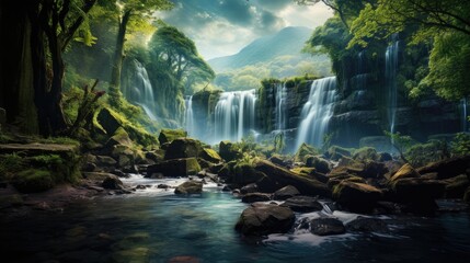 waterfall in nature painting art picture for wallpaper - obrazy, fototapety, plakaty